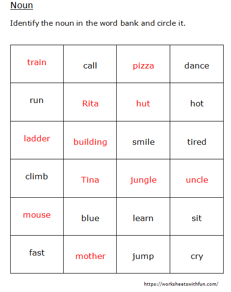 English Class 1 Noun Identify The Noun In The Word Bank And Circle 